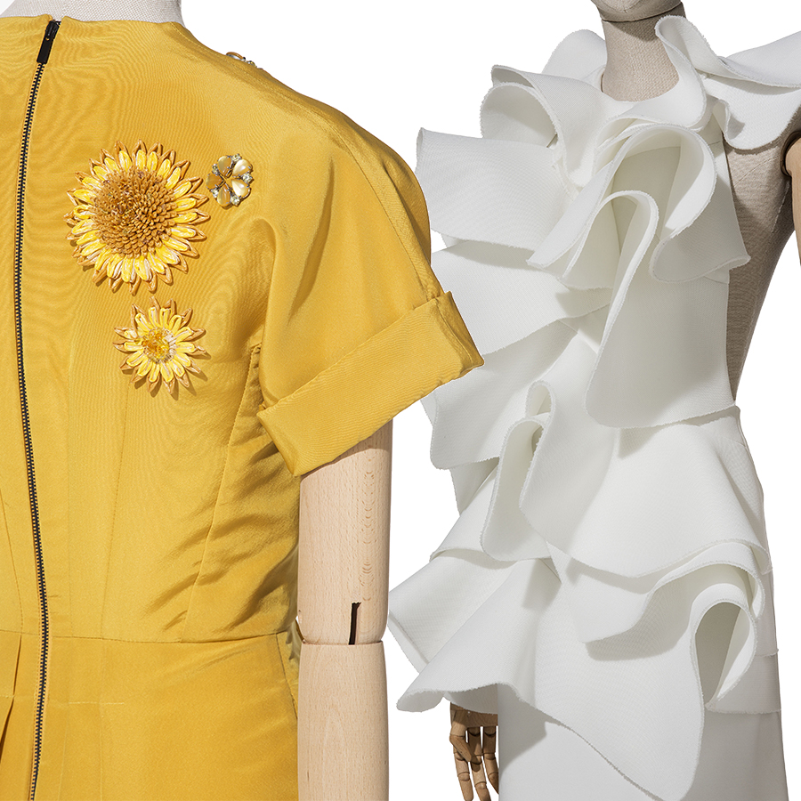 Vestido amarillo con girasoles y vestido blanco con volantes