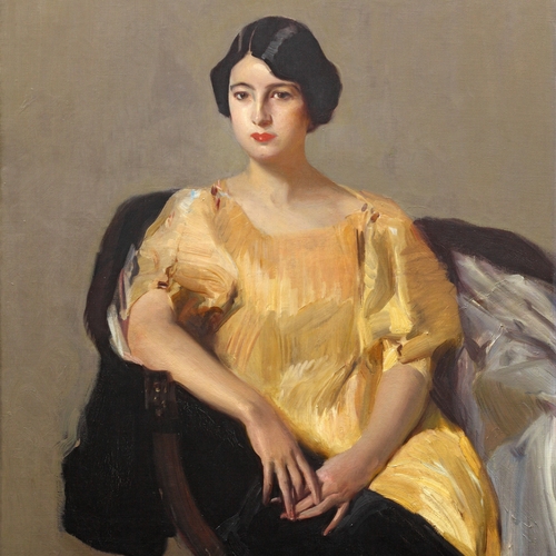 Modelo con vestido amarillo retratada por Joaquín Sorolla