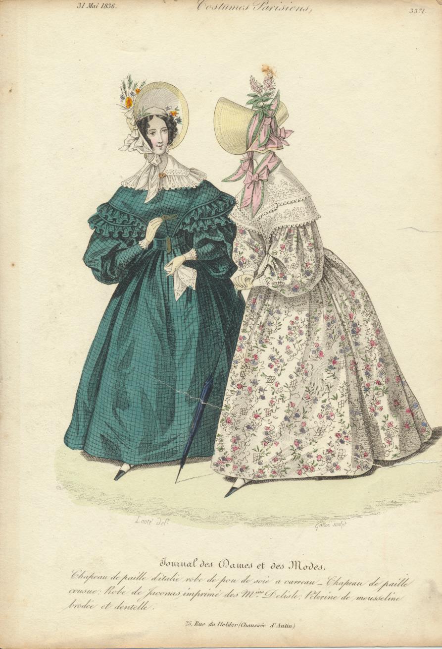 Grabado mostrando mujeres con vestidos de época