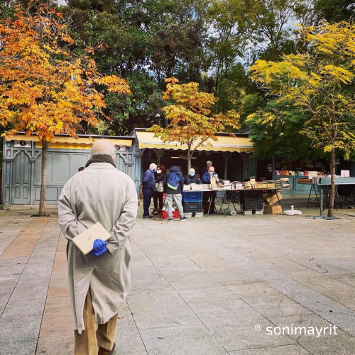 Hombre con libro observa la Cuesta de Moyano